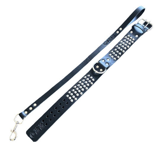 NZ Made Studded Italian Leather Dog Collar & Leash Set – 50mm
