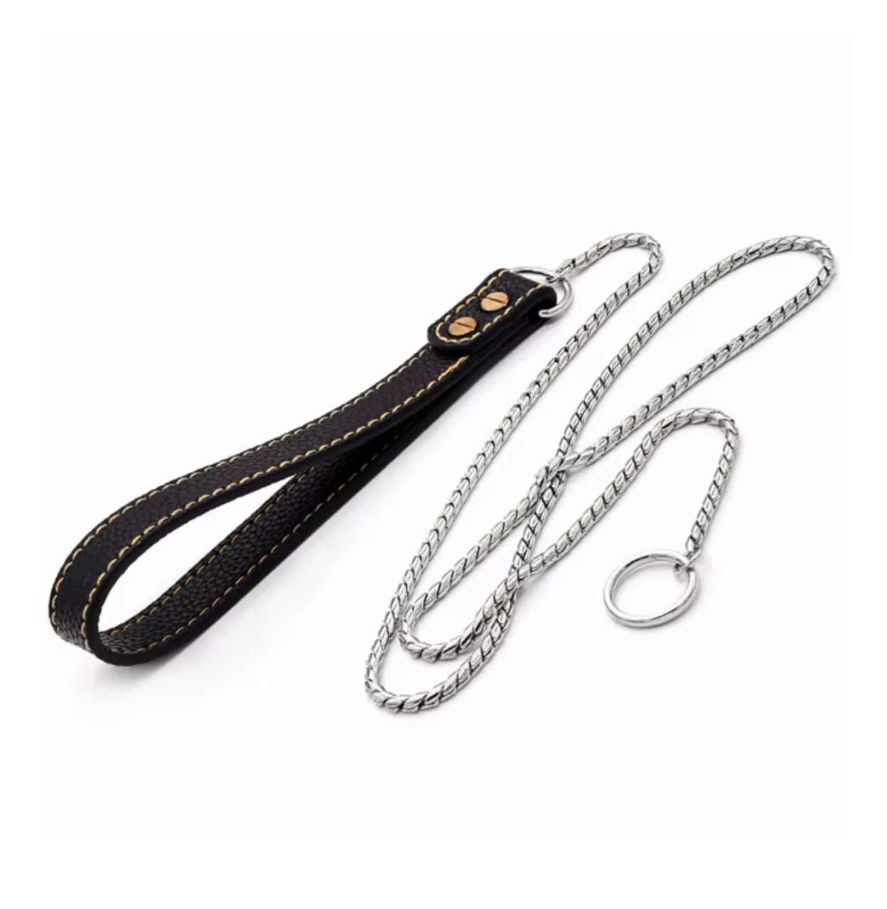 Leather Handle Snake Leash – Silver Chain & Black Leather (120cm Show Ring Lead)