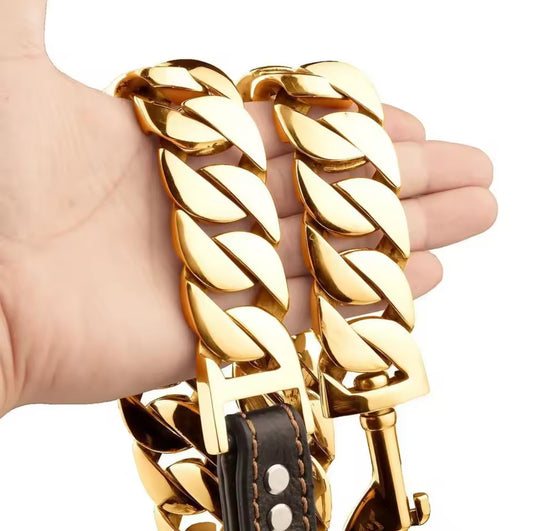Gold Stainless Steel 32mm Cuban Chain Leash, Leather Handle - $20 Off with any Link chain