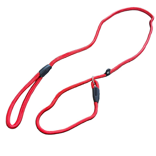 Red dog leash with black clips on a textured black surface