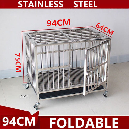 Collapsible Stainless Steel Pet Cage 94CM Large with Wheels