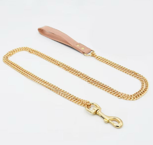 Gold Chain Dog Leash – 120cm | Premium Leather Handle Lead