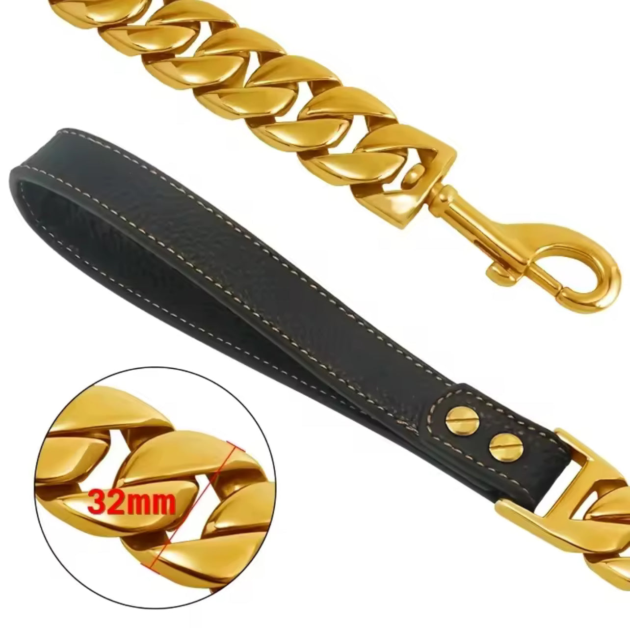Gold Stainless Steel 32mm Cuban Chain Leash, Leather Handle - $20 Off with any Link chain