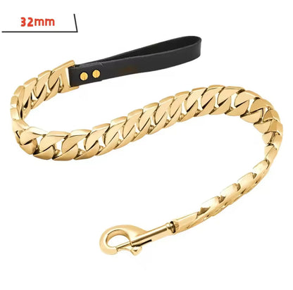 Gold Stainless Steel 32mm Cuban Chain Leash, Leather Handle - $20 Off with any Link chain