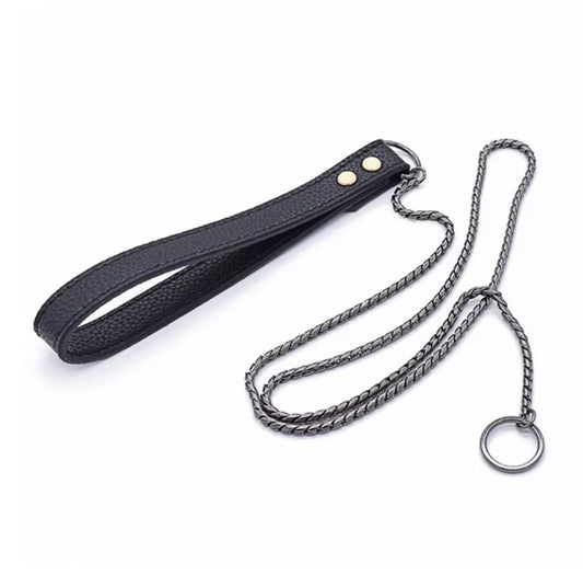 Leather Handle Snake Leash – Black Chain & Black Leather (120cm Show Ring Lead)