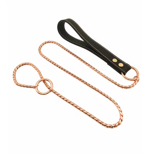 Leather Handle Snake Leash – Gold Chain & Black Leather (120cm Show Ring Lead)