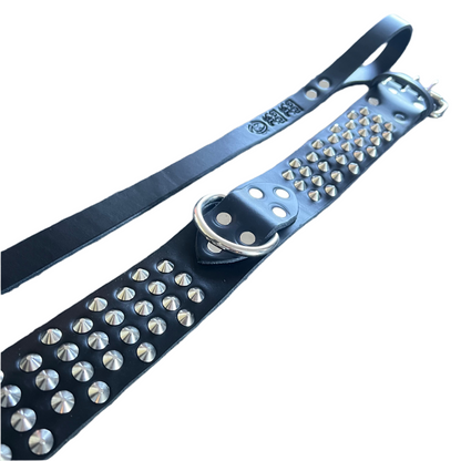 NZ Made Studded Italian Leather Dog Collar & Leash Set – 50mm