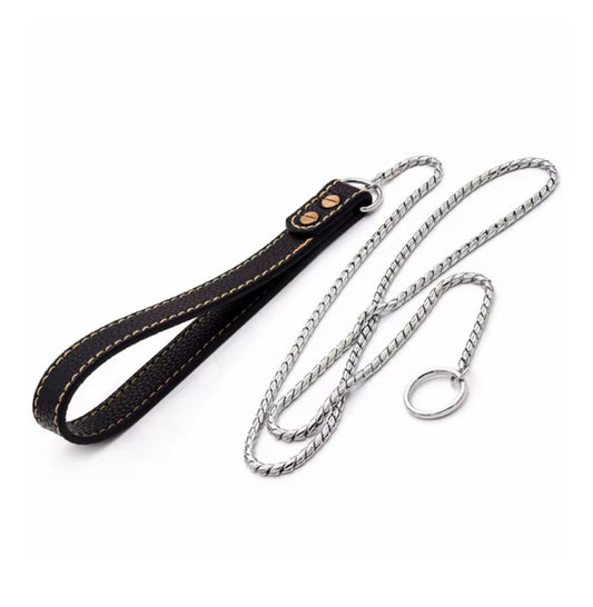 Leather Handle Snake Leash – Silver Chain & Black Leather (120cm Show Ring Lead)