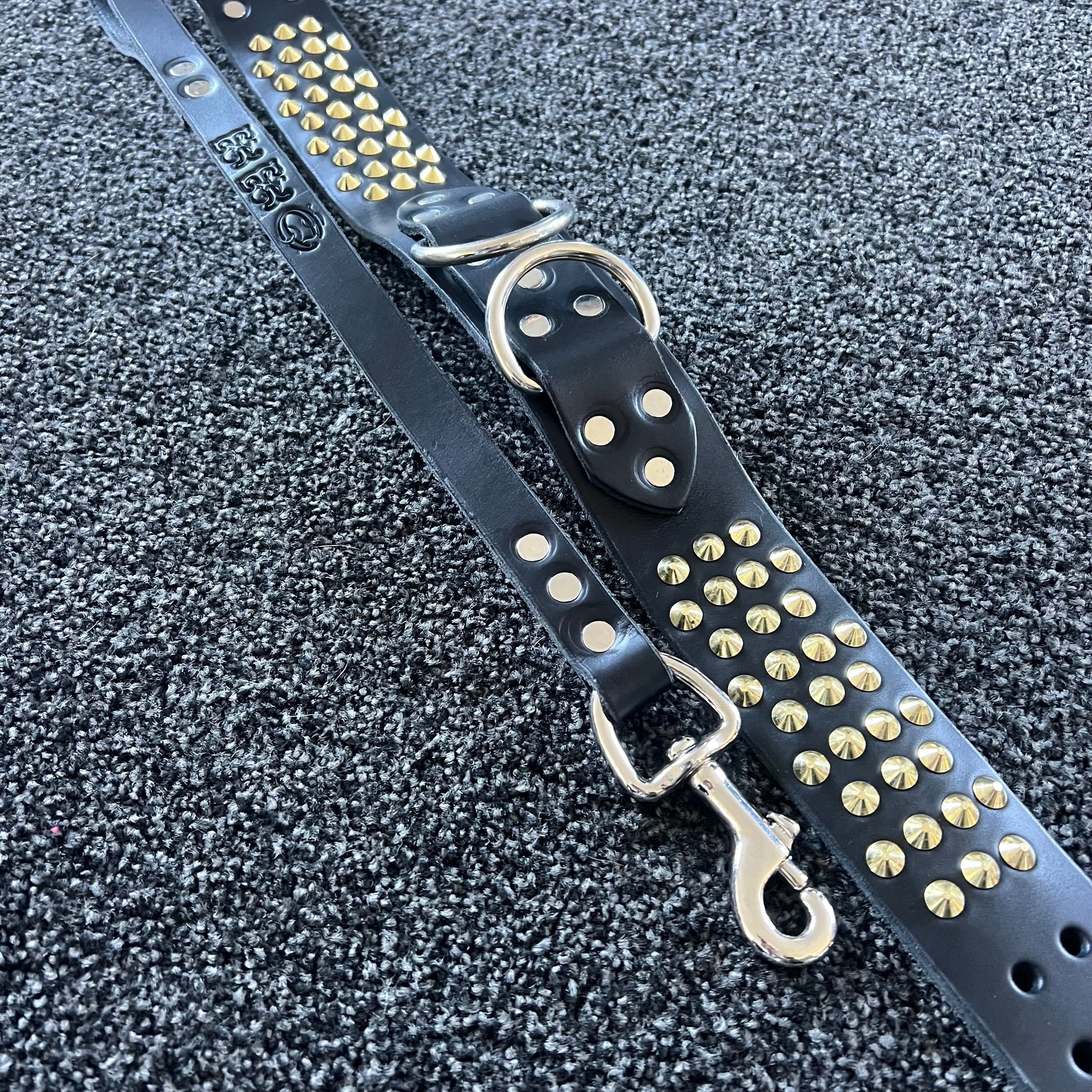 Black leather dog collar with gold studs on a textured black background