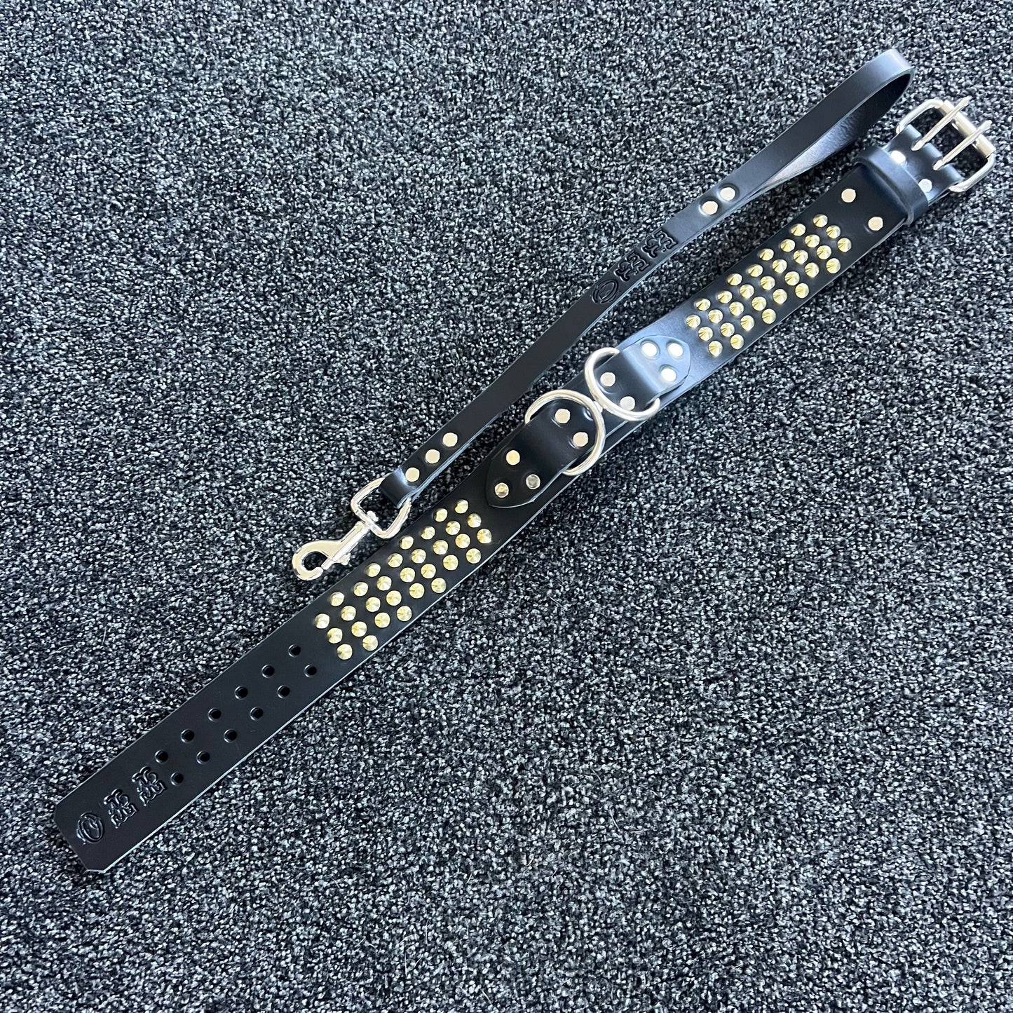 Black leather dog collar with gold studs and silver hardware on a textured gray background
