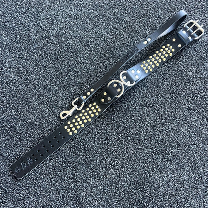 Black leather dog collar with gold studs and silver hardware on a textured gray background