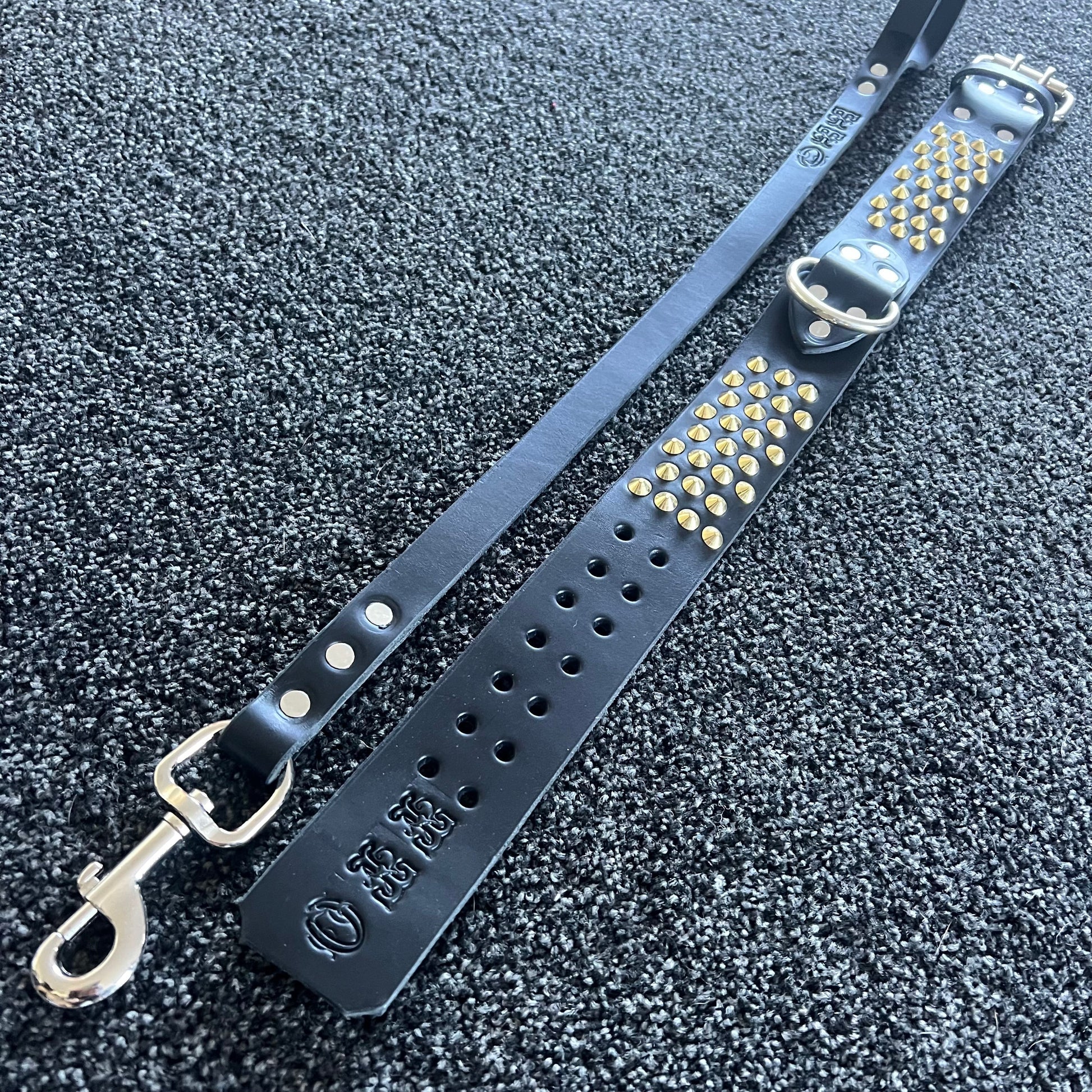 Black leather dog collar with gold studs and silver hardware on a textured black background