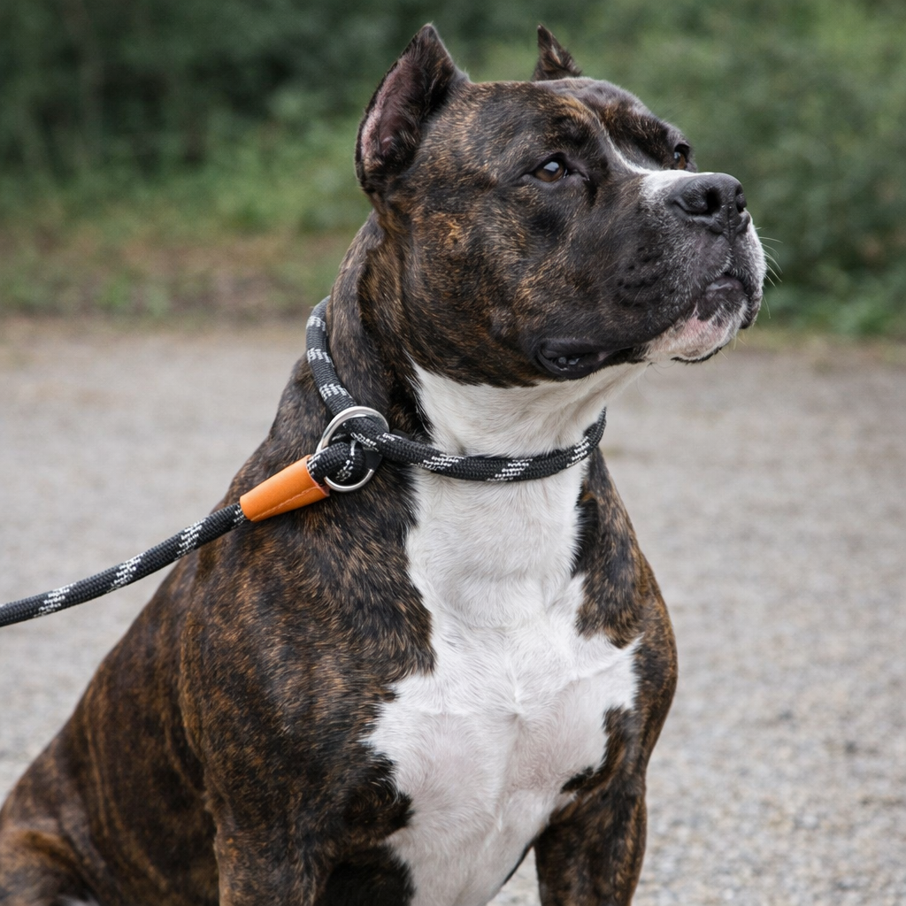 Brindle and white dog on a leash with a blurred green background