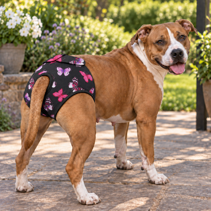 A brown and white pitbull-type dog wearing a black dog diaper cover with a pink and purple butterfly pattern, standing on a stone patio in a garden.