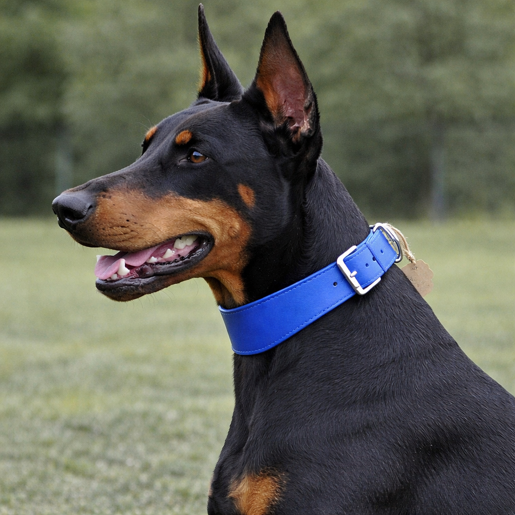 Dog wearing a blue collar with a blurred green background