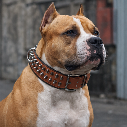 Dog wearing a studded leather collar with a blurred background