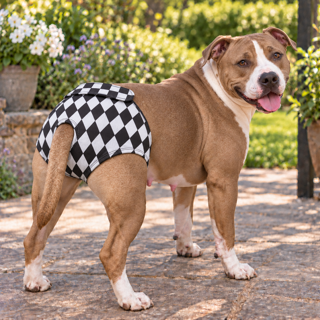 A brown and white pitbull-type dog wearing a black and white checkered diaper, standing on a stone patio in a sunny garden.