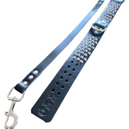 NZ Made Studded Italian Leather Dog Collar & Leash Set – 50mm