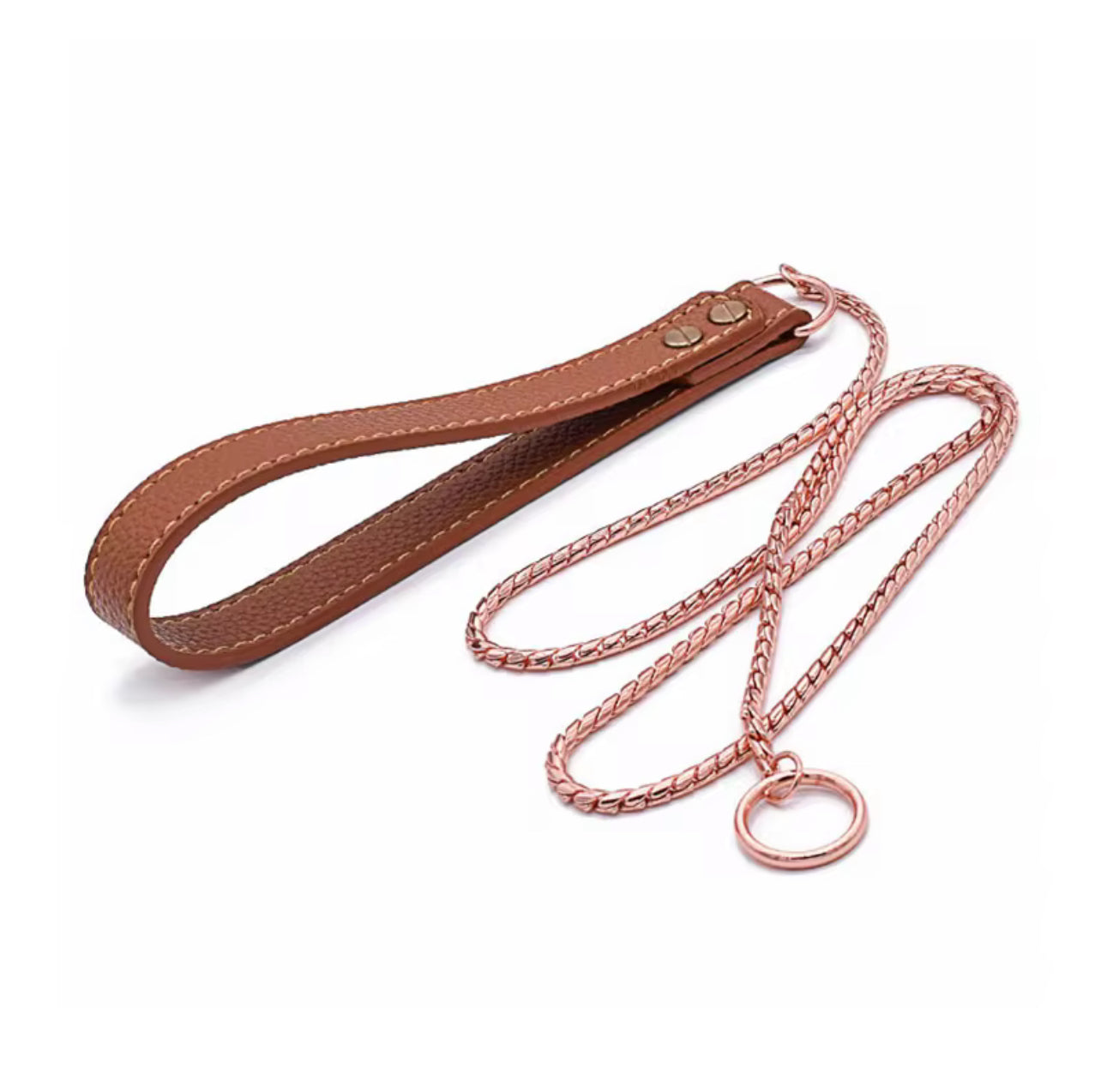 Leather Handle Snake Leash – Rose Gold Chain & Chestnut Brown Leather (120cm Show Ring Lead)