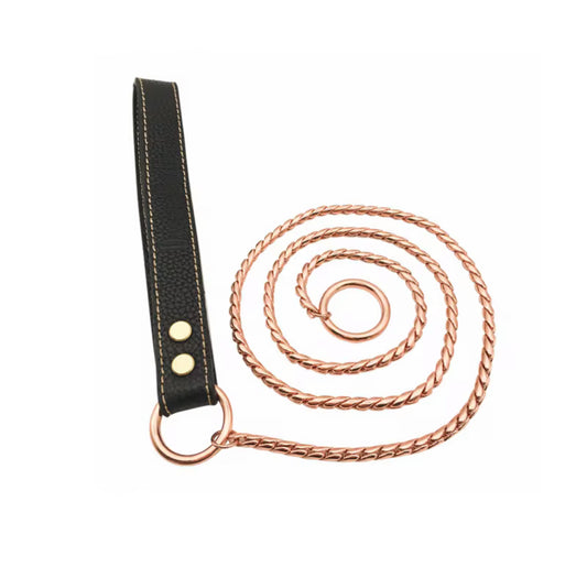 Leather Handle Snake Leash – Rose Gold Chain & Black Leather (120cm Show Ring Lead)