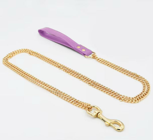 Gold Chain Dog Leash – 120cm | Premium Leather Handle Lead