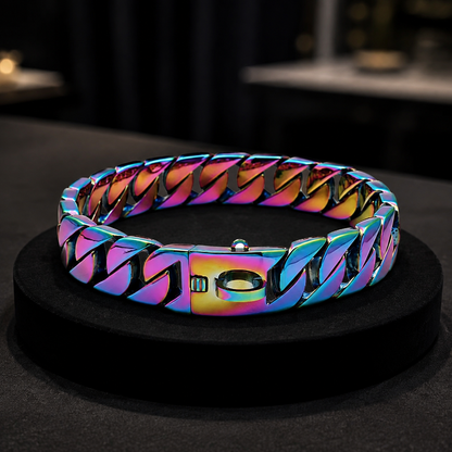 Rainbow Chrome Cuban Link Dog Collar | 32mm Heavy Duty Stainless Steel