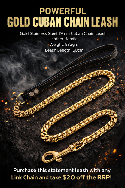 Gold Stainless Steel 19mm Cuban Chain Leash with Leather Handle