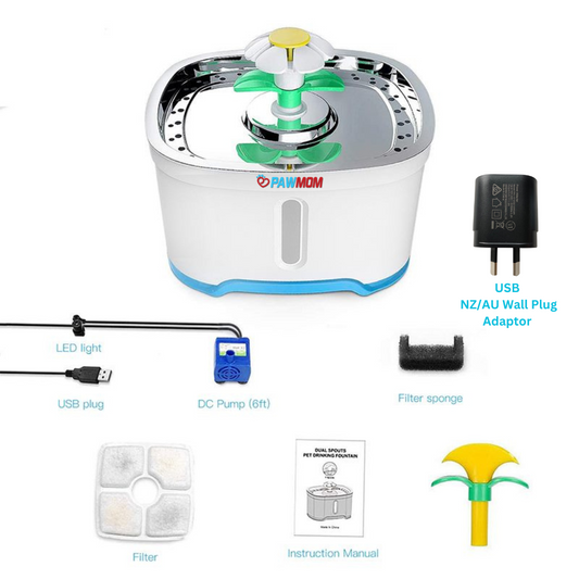 Pet Water Fountain (2.5L) with Stainless Steel Top and 2 Flower Spouts