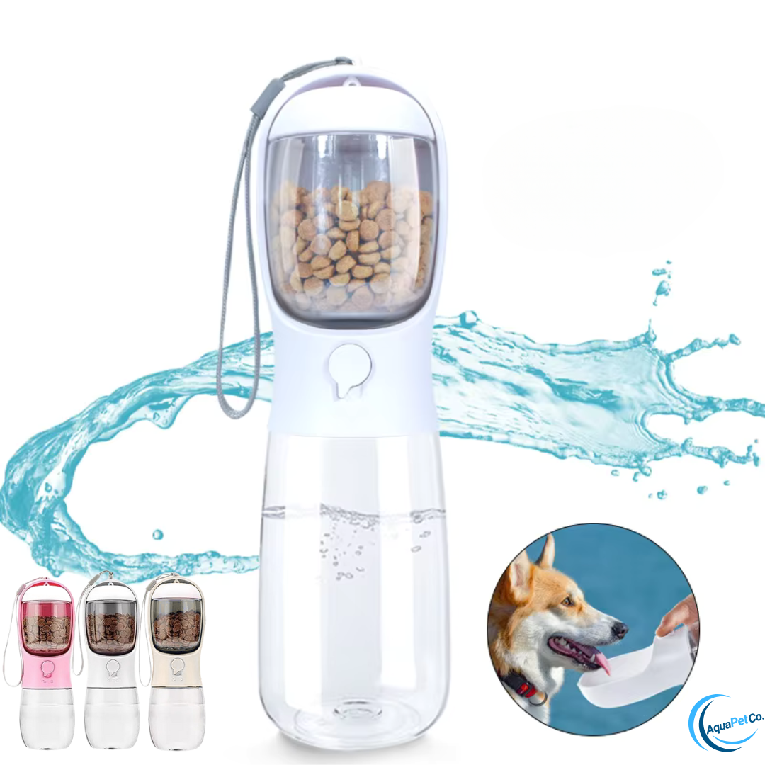 Portable Dog Water Bottle with Built-In Food Container & Drinking Feeder