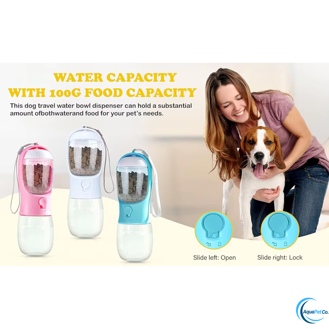 Portable Dog Water Bottle with Built-In Food Container & Drinking Feeder