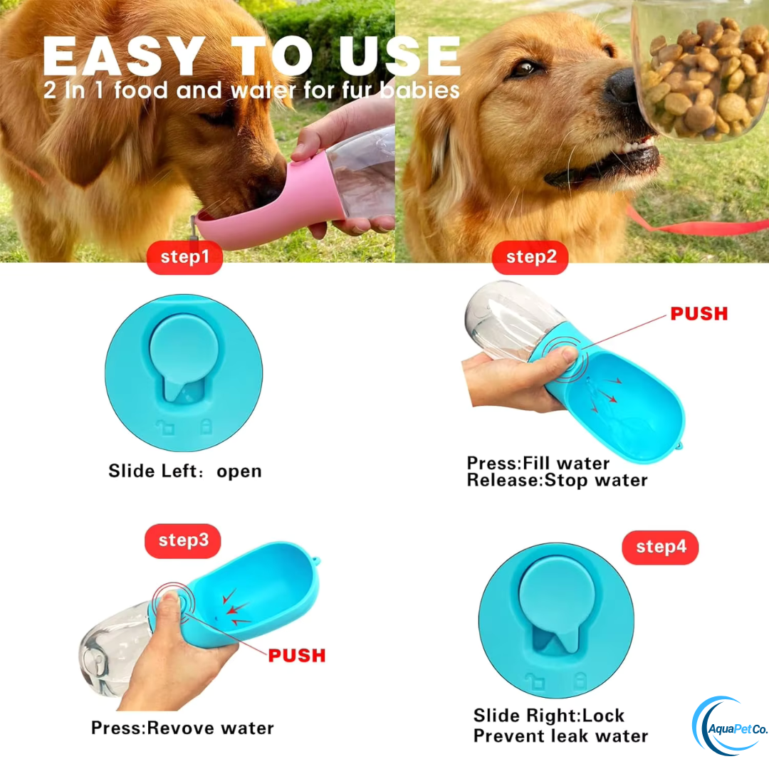 Portable Dog Water Bottle with Built-In Food Container & Drinking Feeder