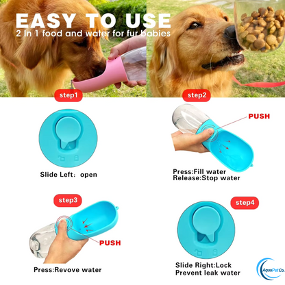 Portable Dog Water Bottle with Built-In Food Container & Drinking Feeder