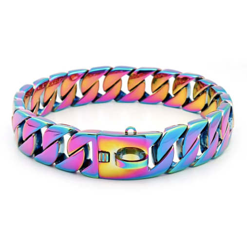 An iridescent stainless steel Cuban link bracelet with a clasp closure, shown on a clean white background.
