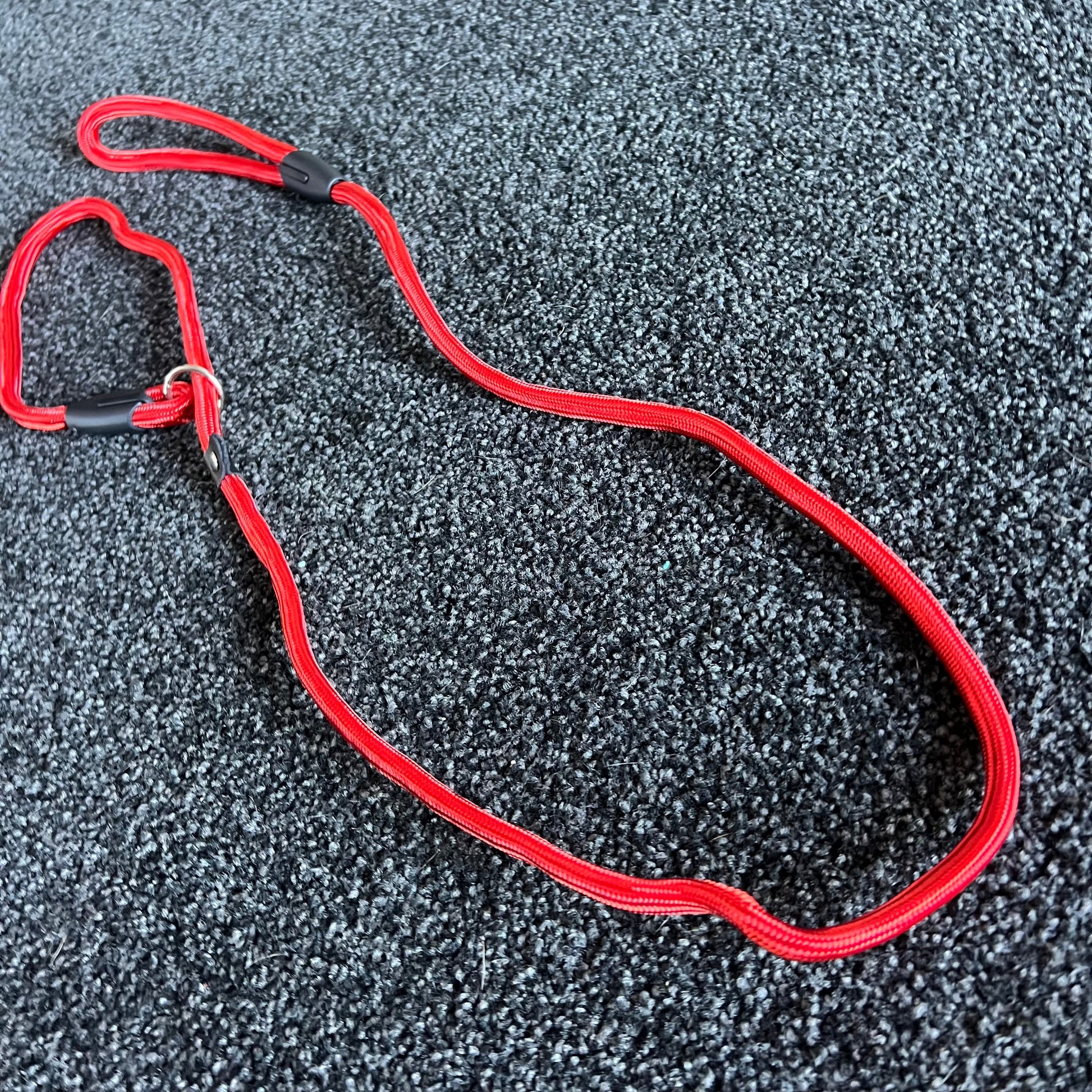 Red dog leash with black clip on a textured gray surface