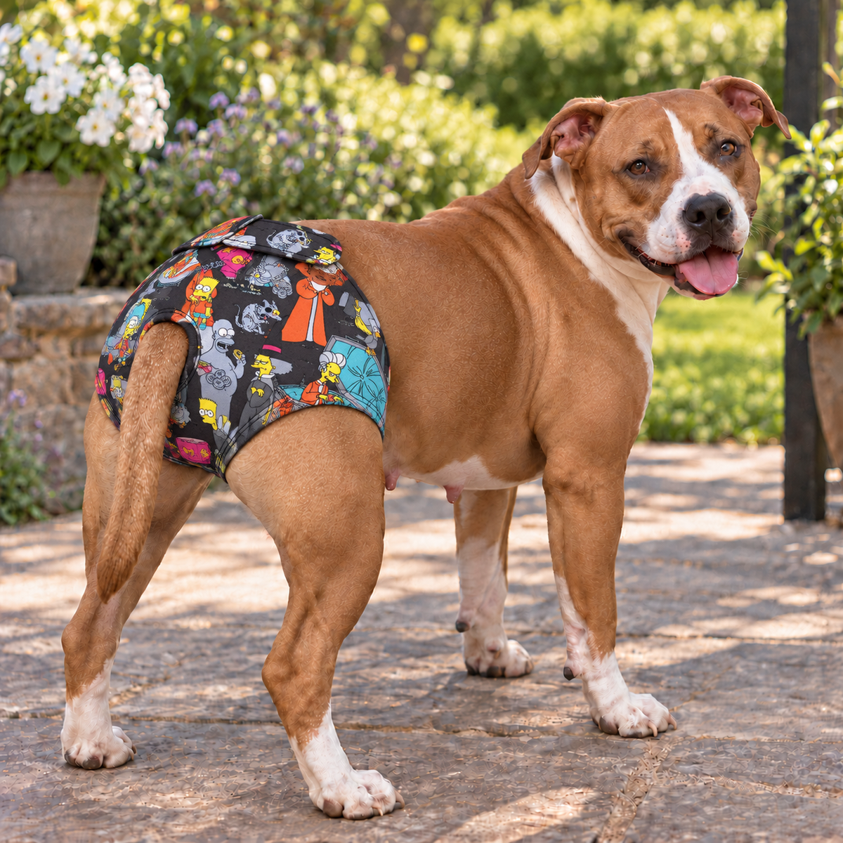 A brown and white dog wearing a colorful cartoon-print dog diaper stands on a stone patio in a garden setting.
