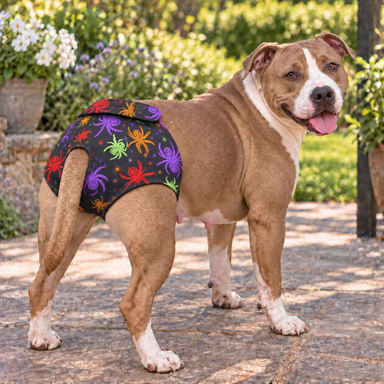 A brown and white pitbull-type dog wearing a black dog brief with a colorful spider pattern, standing on a stone patio in a garden setting.