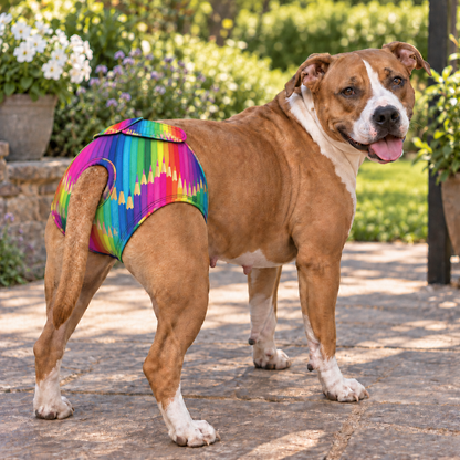 A brown and white pitbull-type dog wearing a bright rainbow tie-dye dog brief, standing on a stone patio in a garden setting.