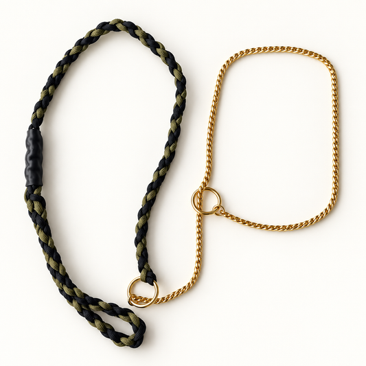 A braided black and olive green leather leash with a gold-tone chain and ring, displayed on a clean white background.