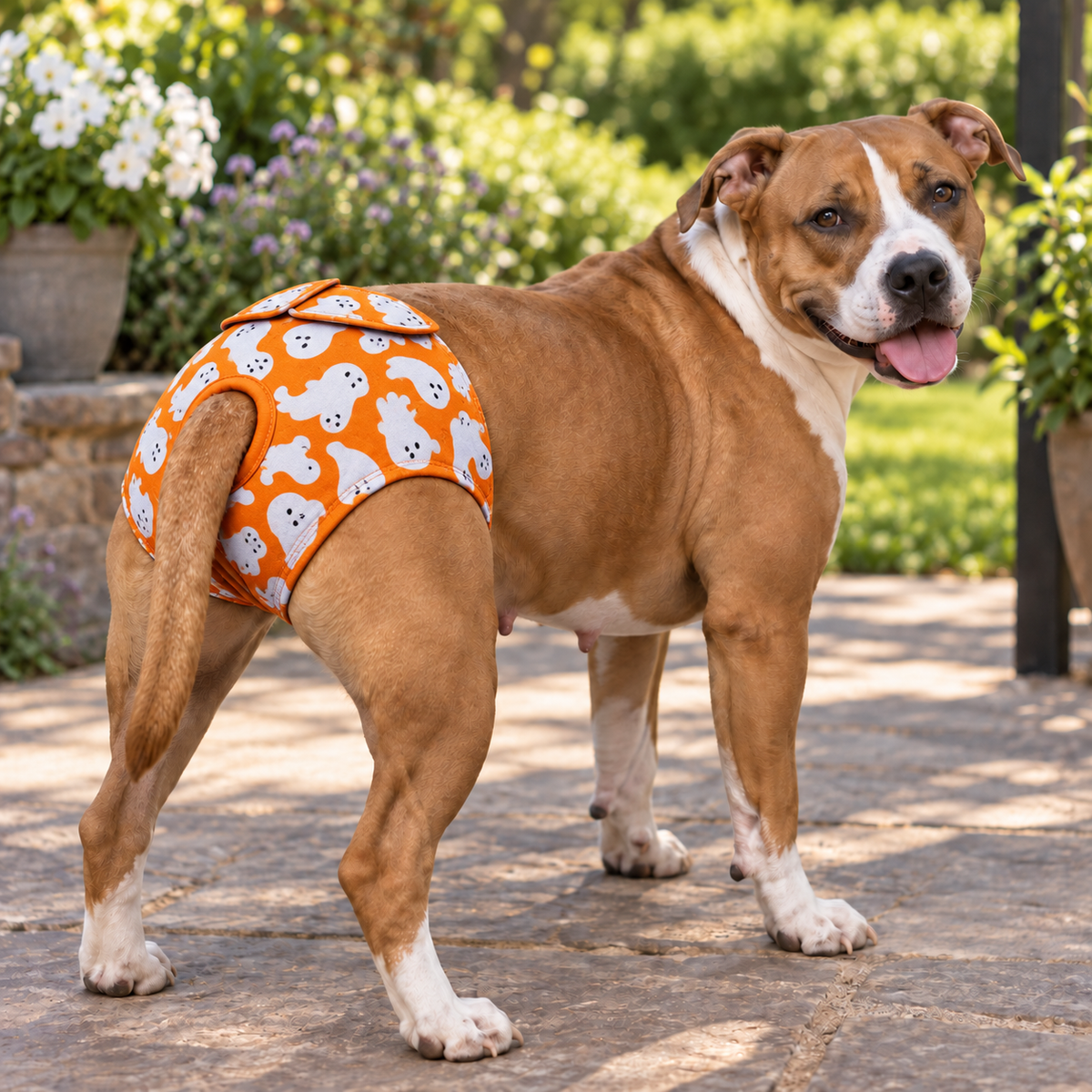 A brown and white dog standing on a stone patio wearing an orange dog diaper with a white ghost pattern, set against a blurred garden background.