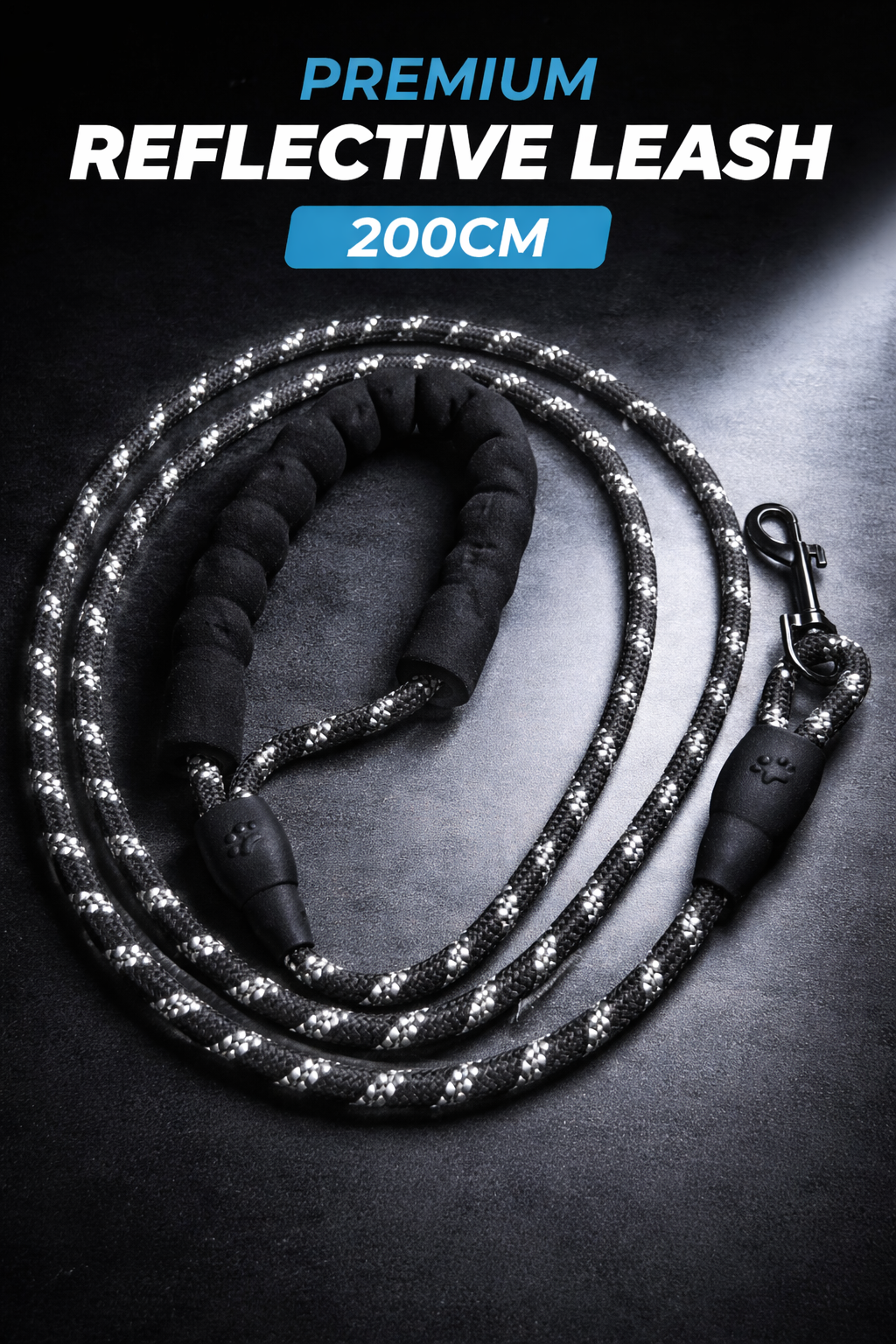 Premium reflective leash with text on a dark background