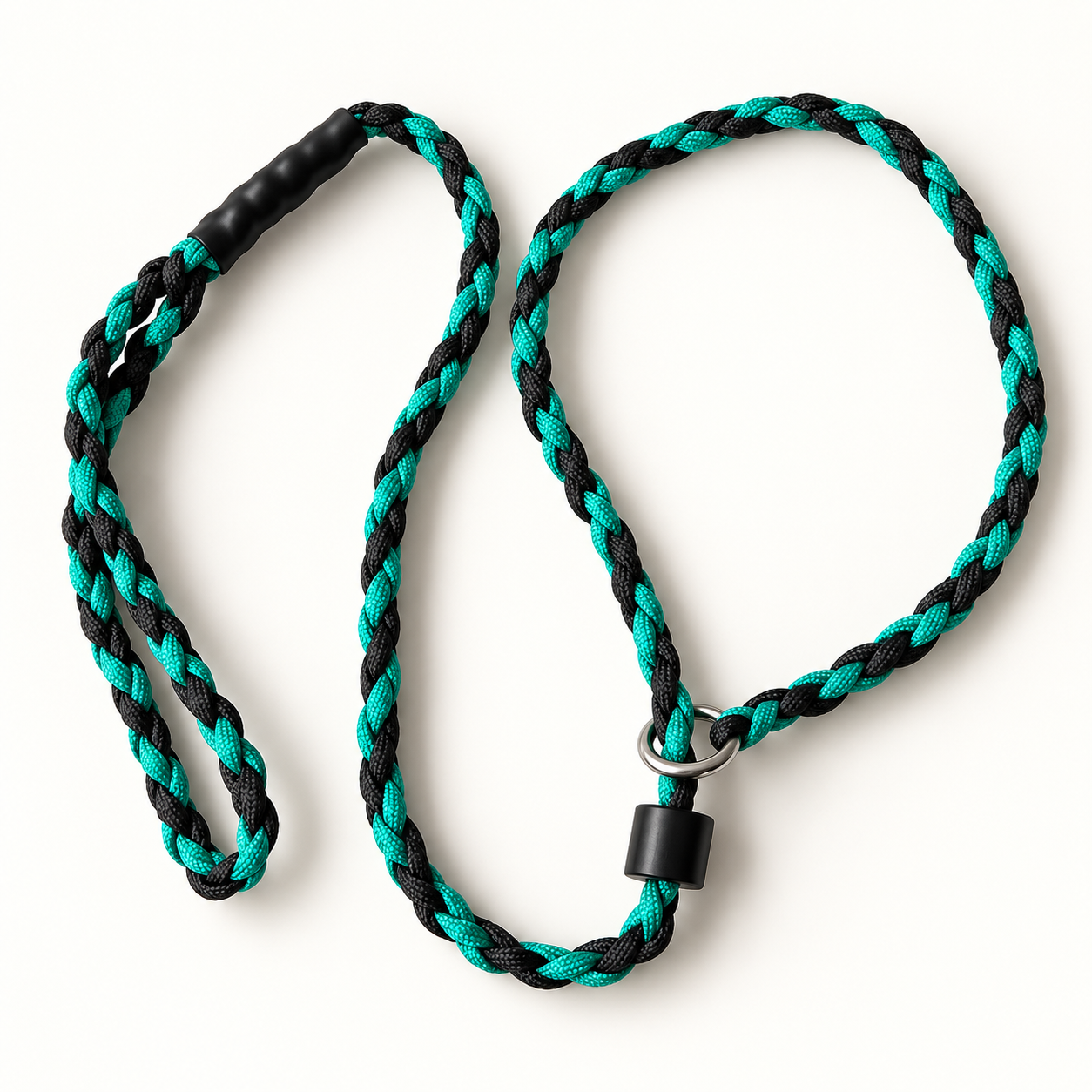 A braided dog leash made of black and teal synthetic rope with black rubberized handle and collar, displayed on a clean white background.