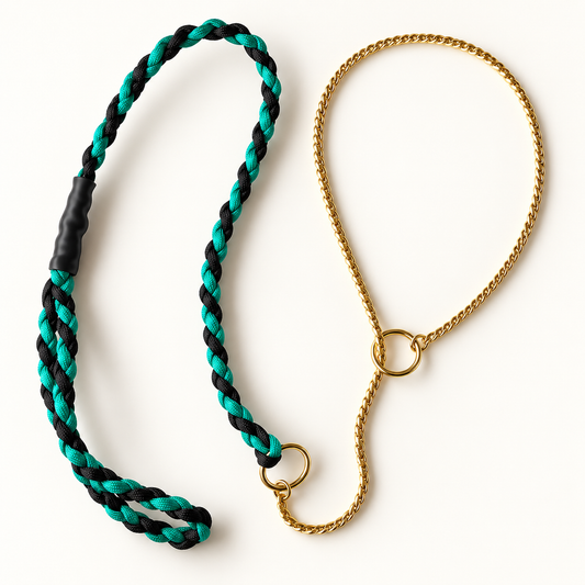 A dog training clicker toy featuring a black and teal braided rope handle with a black snap button, and a separate gold-colored metal click chain with a gold ring, displayed on a clean white background.